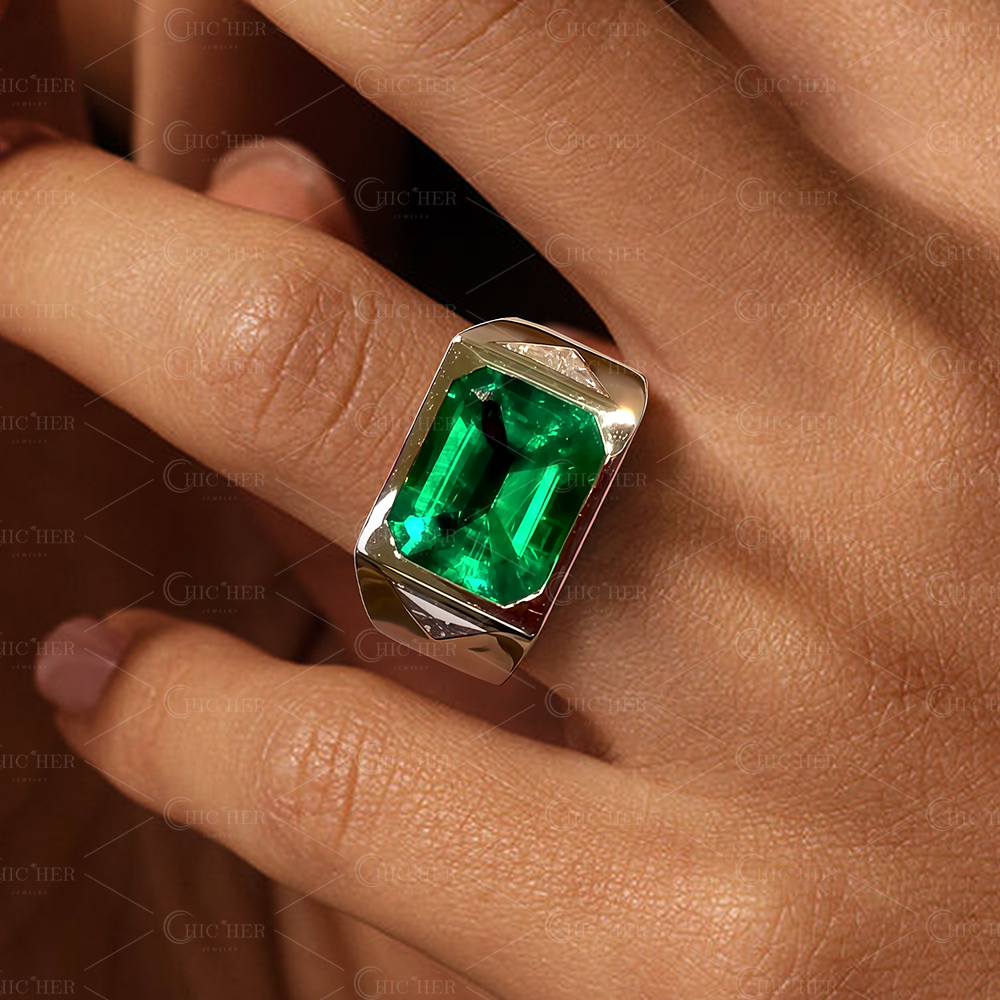 4ct Bezel Setting Emerald Cut Emerald Sapphire Engagement Ring