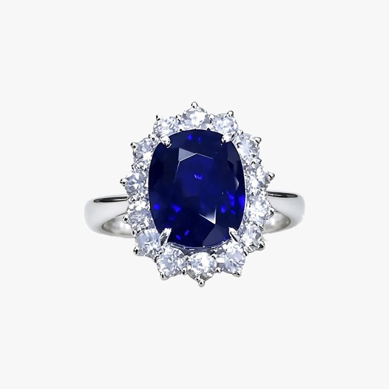 6ct  Halo Cushion Cut Blue Sapphire Engagement Ring