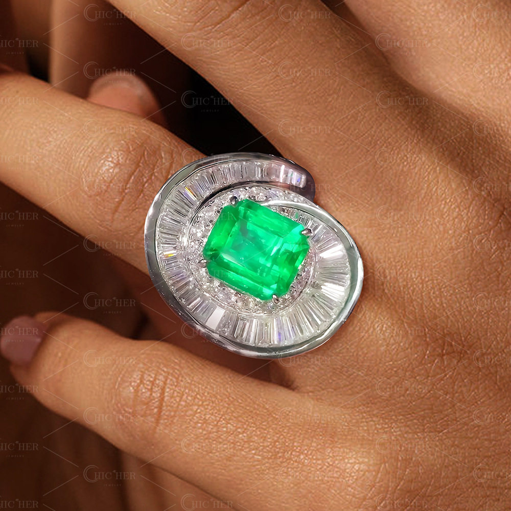 4ct Unique Emerald Cut Emerald Sapphire Engagement Ring