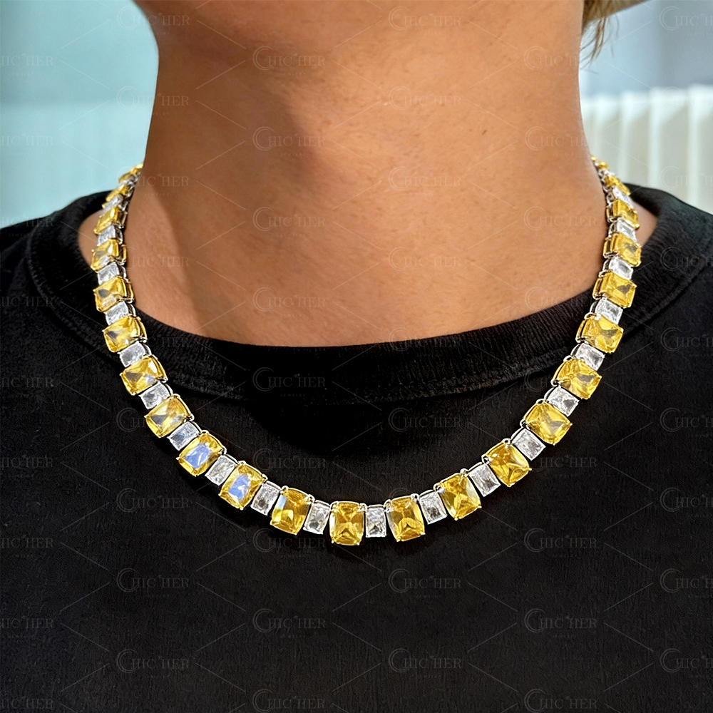 Two-tone Cushion Cut Lab-created Sapphire Men's Necklace Choker