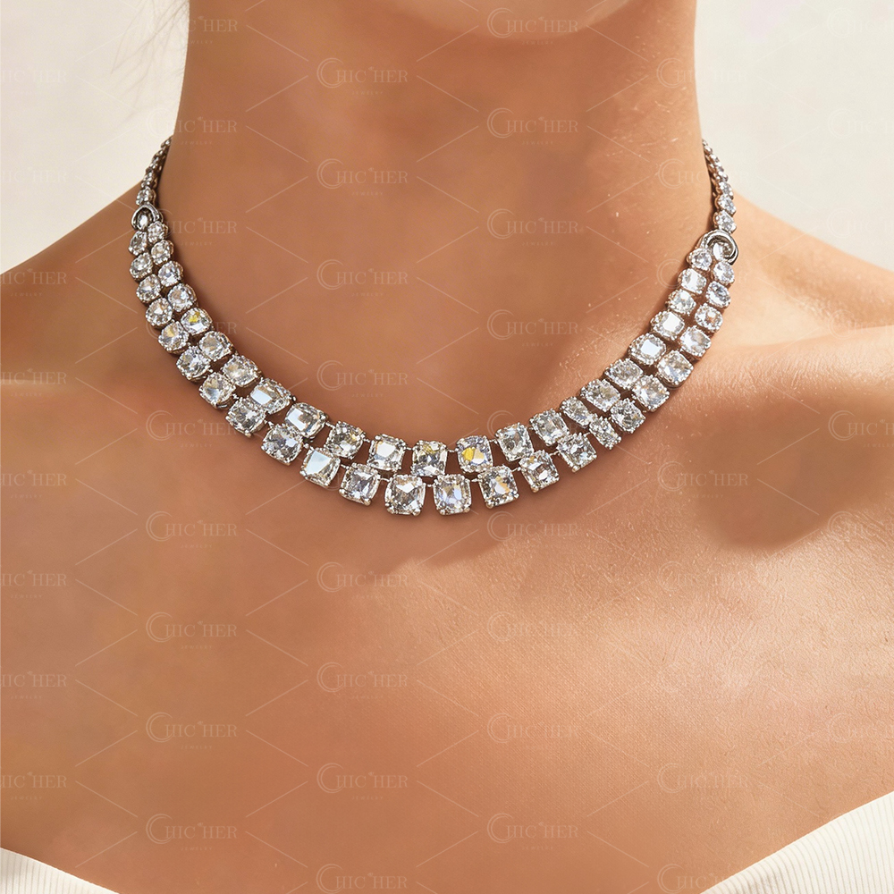 Double Layer Cushion Cut White Sapphire Necklace