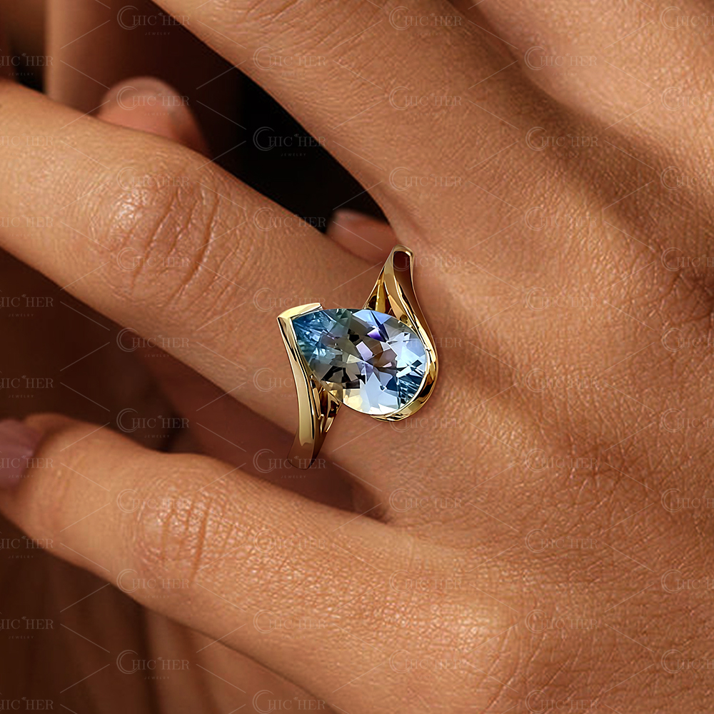 5ct Bypass Shank Pear Cut Aquamarine Sapphire Ring