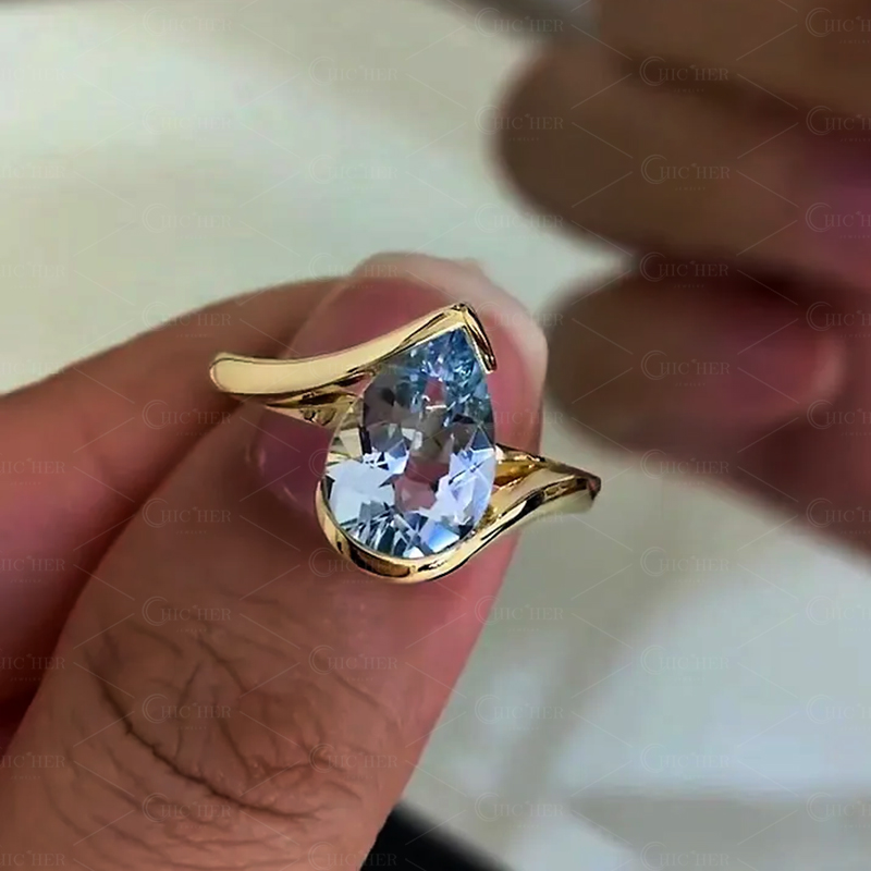 5ct Bypass Shank Pear Cut Aquamarine Sapphire Ring