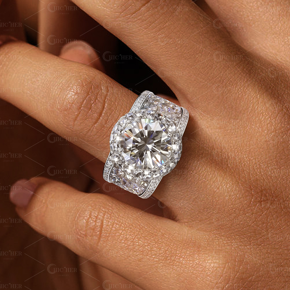 6ct Wide Shank Halo Round Cut White Sapphire Engagement Ring