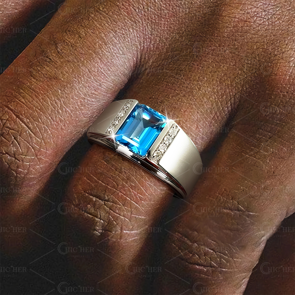 3ct Emerald Cut Aquamarine Sapphire Men's Engagement Ring