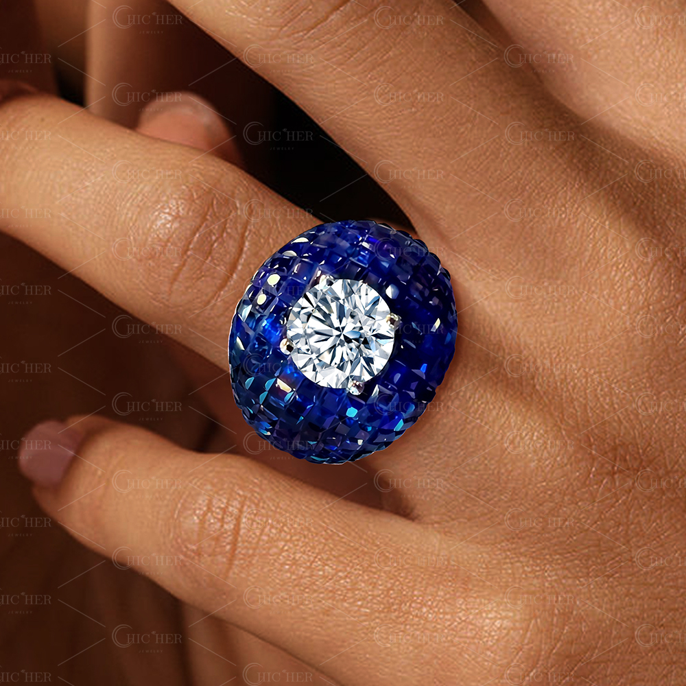 3ct Invisibile Setting Round Cut Blue Sapphire Cocktail Ring
