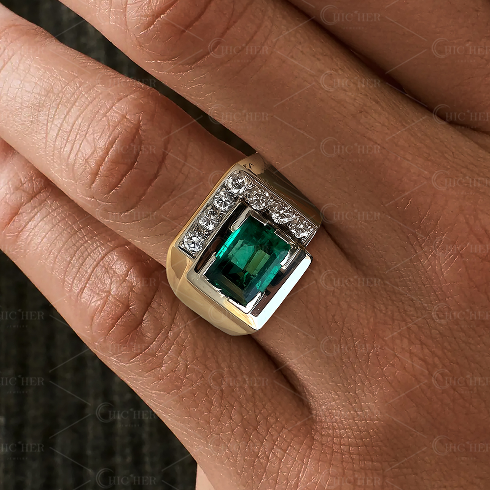 4ct Art Deco Emerald Cut Emerald Sapphire Men's Engagement Ring