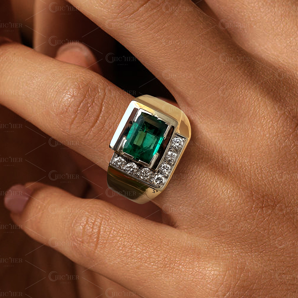 4ct Art Deco Emerald Cut Emerald Sapphire Men's Engagement Ring