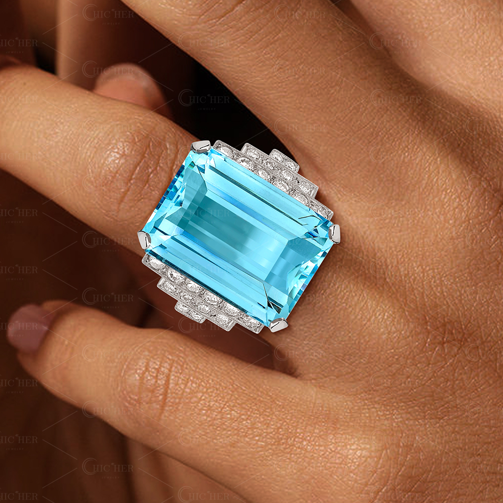 7ct Emerald Cut Antique Aquamarine Sapphire Cocktail Ring