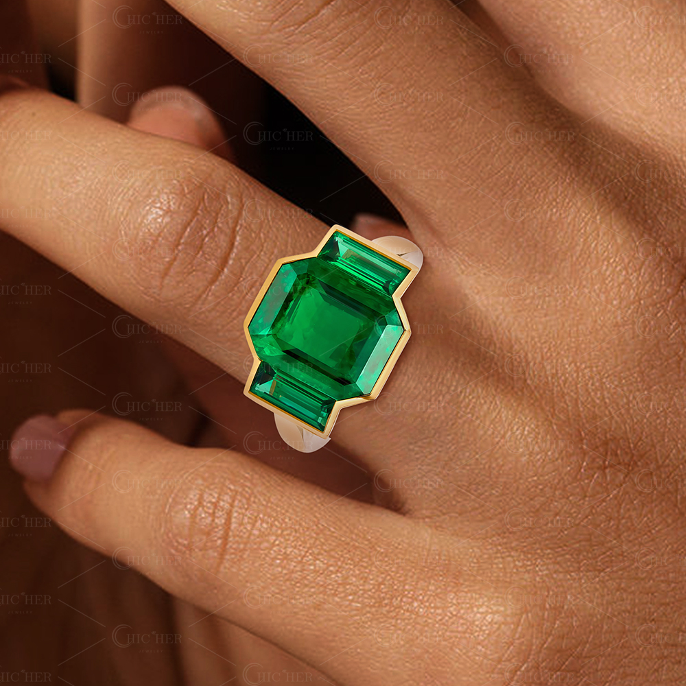 7ct Three-Stone Emerald Cut Emerald Sapphire Engagement Ring