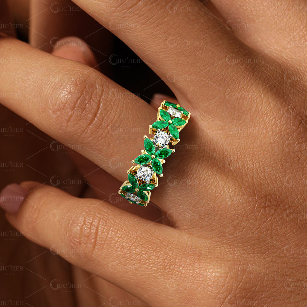 4.25ct Flower Design Marquise Cut Emerald Sapphire Eternity Ring