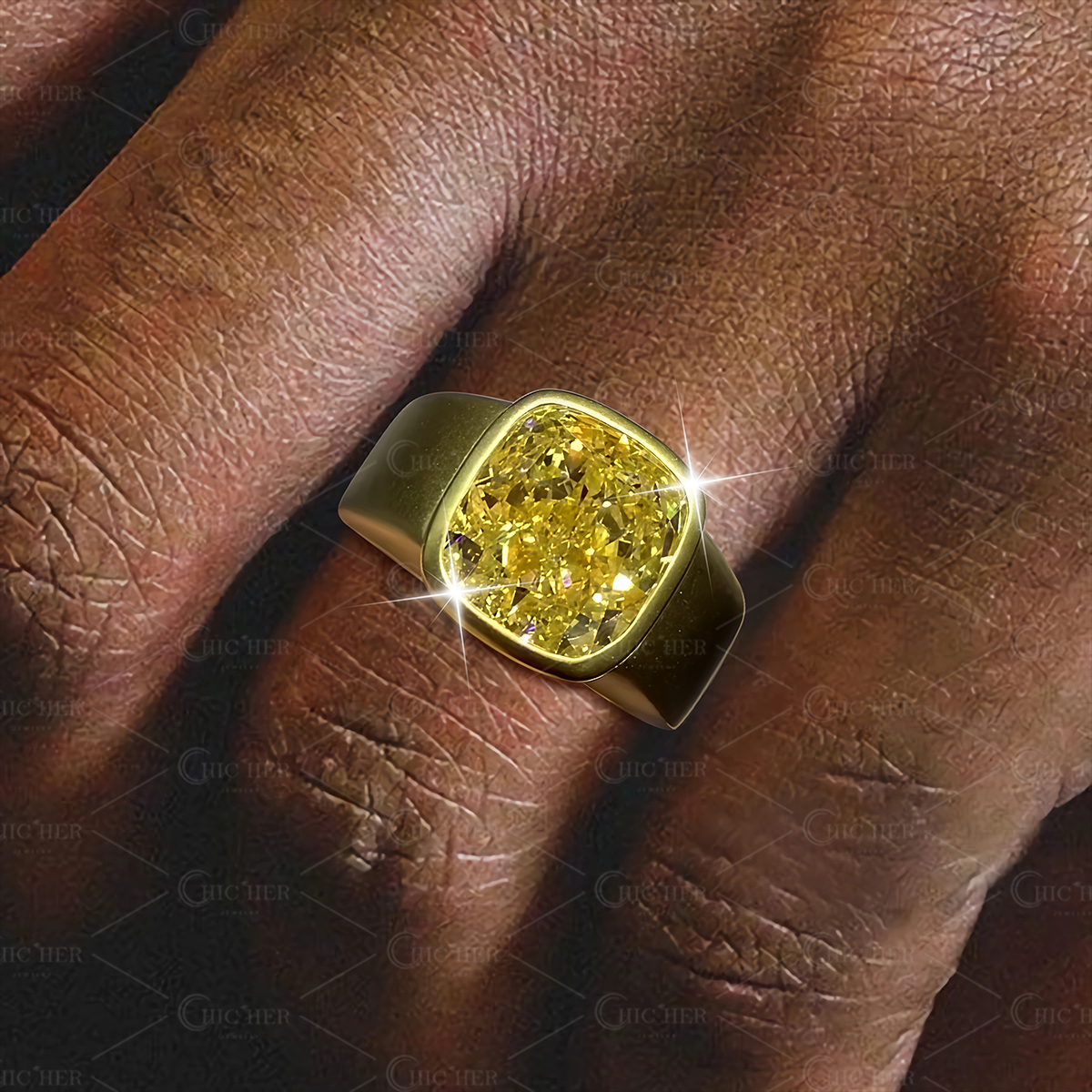 6ct Bezel Setting Cushion Cut Yellow Sapphire Men's Engagement Ring