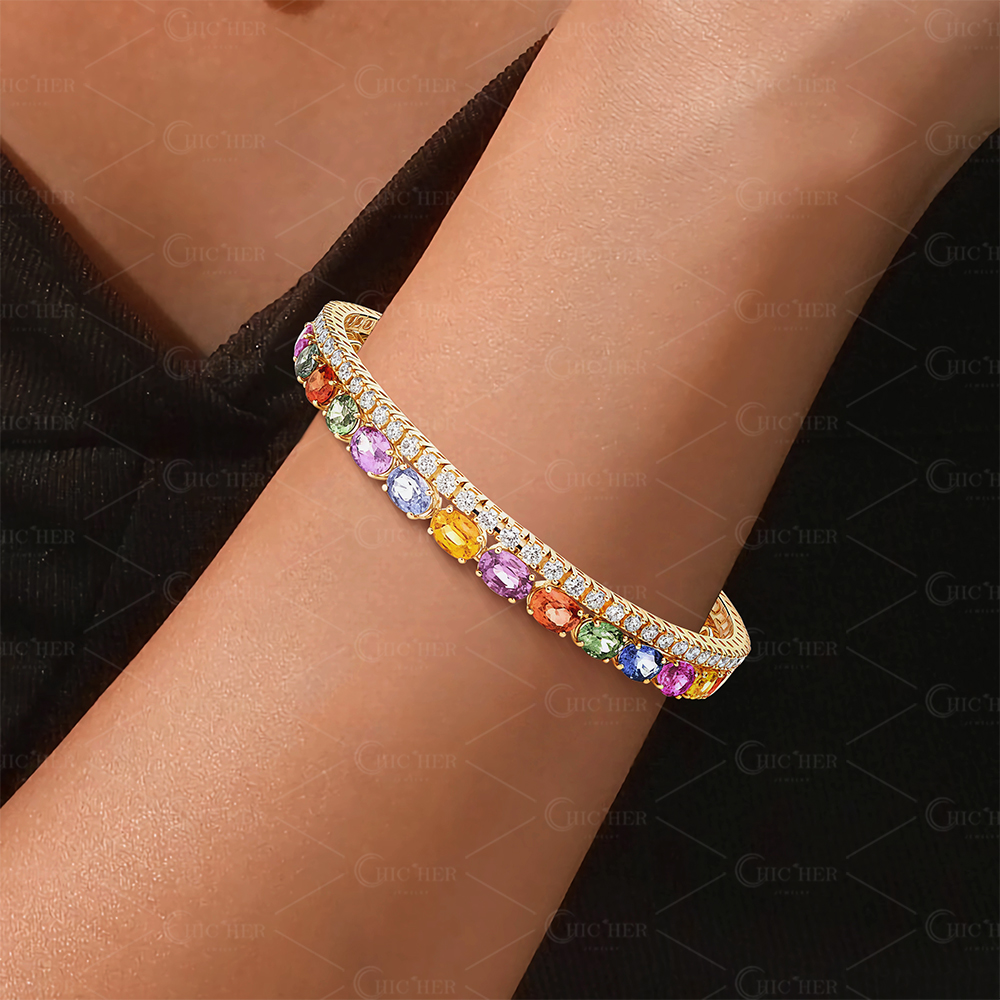 Oval Cut Rainbow Sapphire and Diamond Bracelet