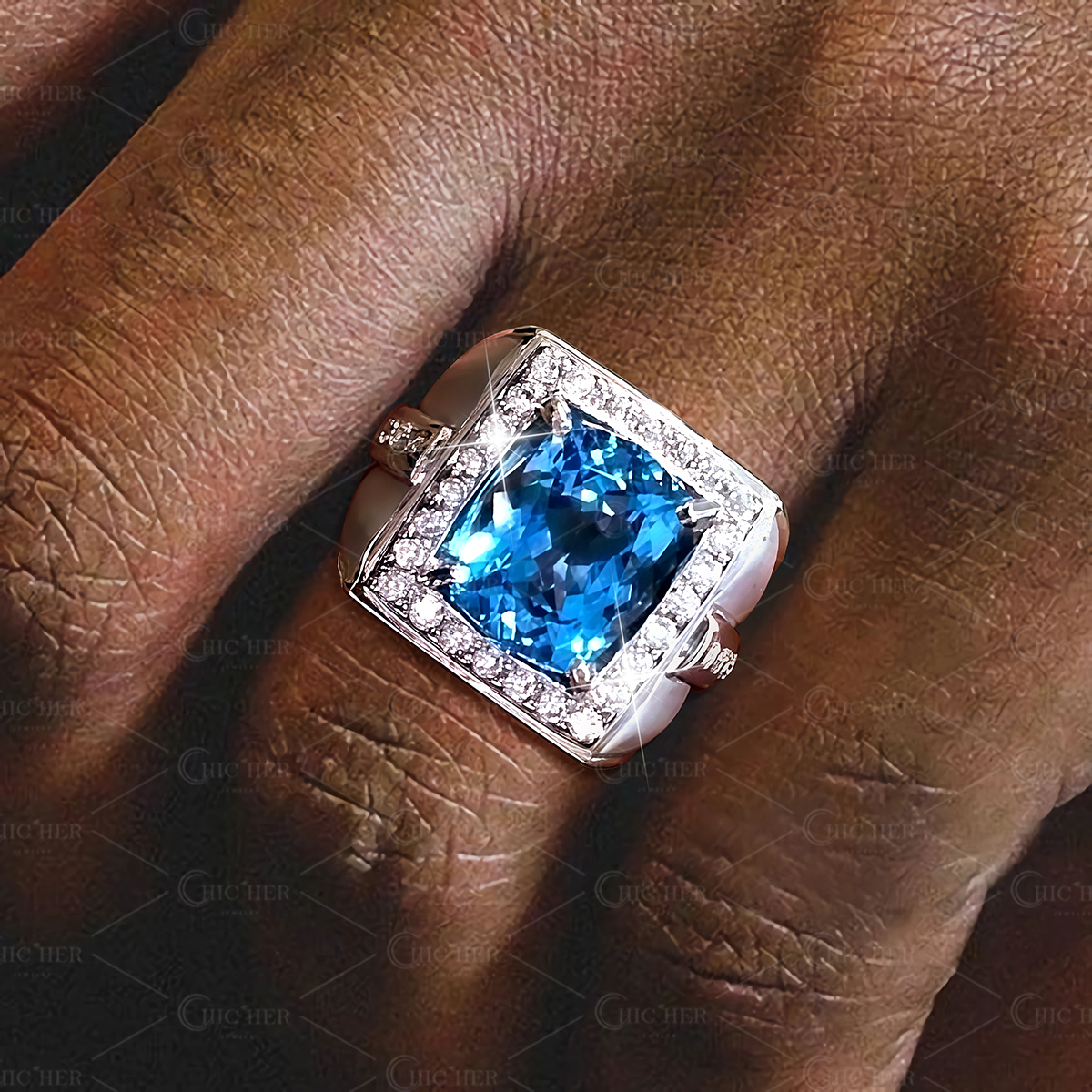 5ct Cushion Cut Aquamarine Sapphire Men's Engagement Ring