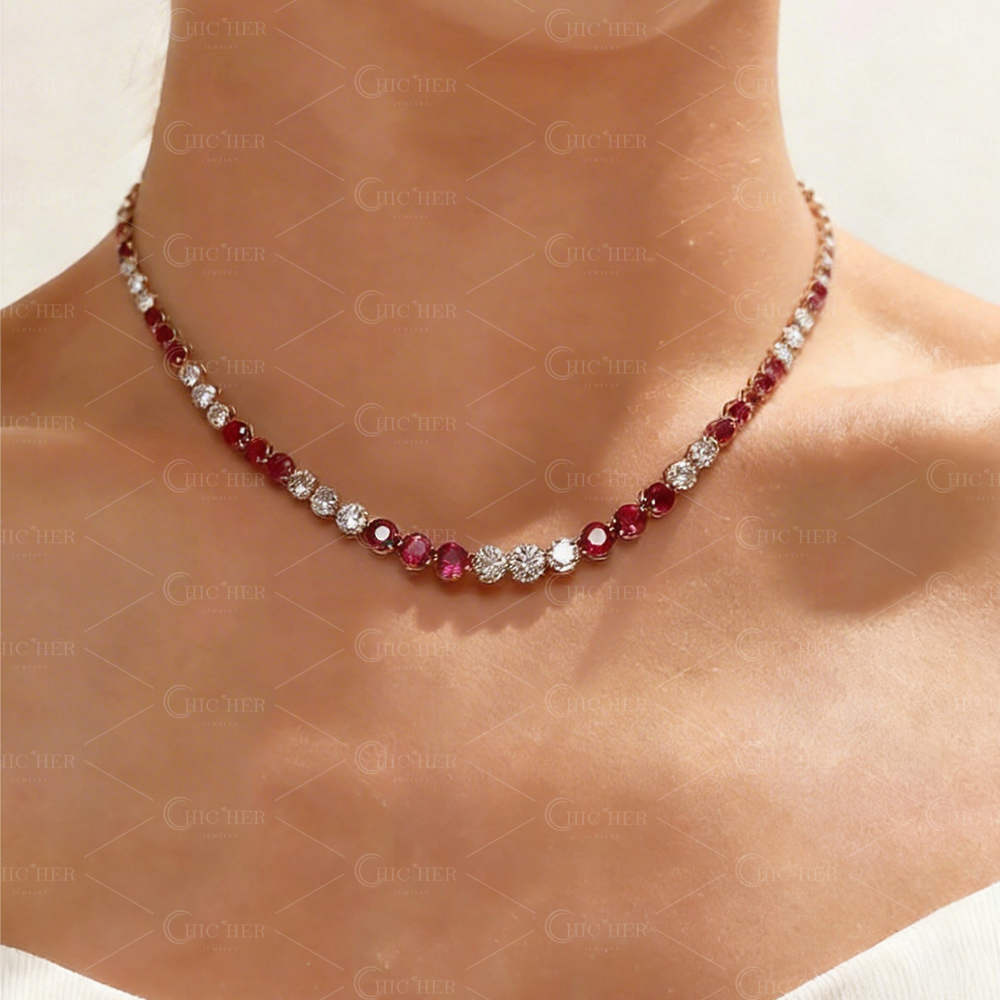 Round Cut Ruby Sapphire Tennis Necklace