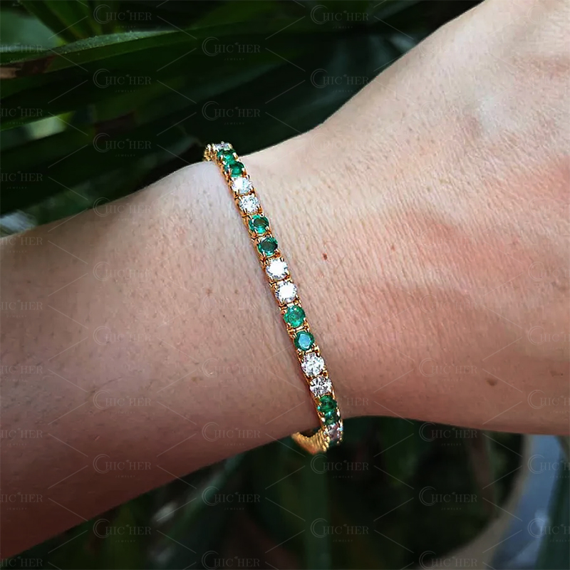 Double Tone Round Cut Lab-created Sapphire Tennis Chain Bracelet