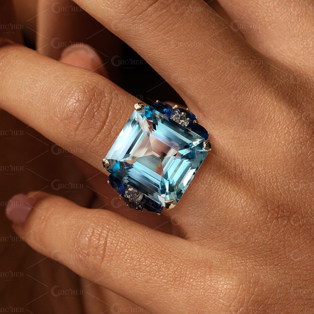 5.5ct Emerald Cut Aquamarine Sapphire Engagement Ring