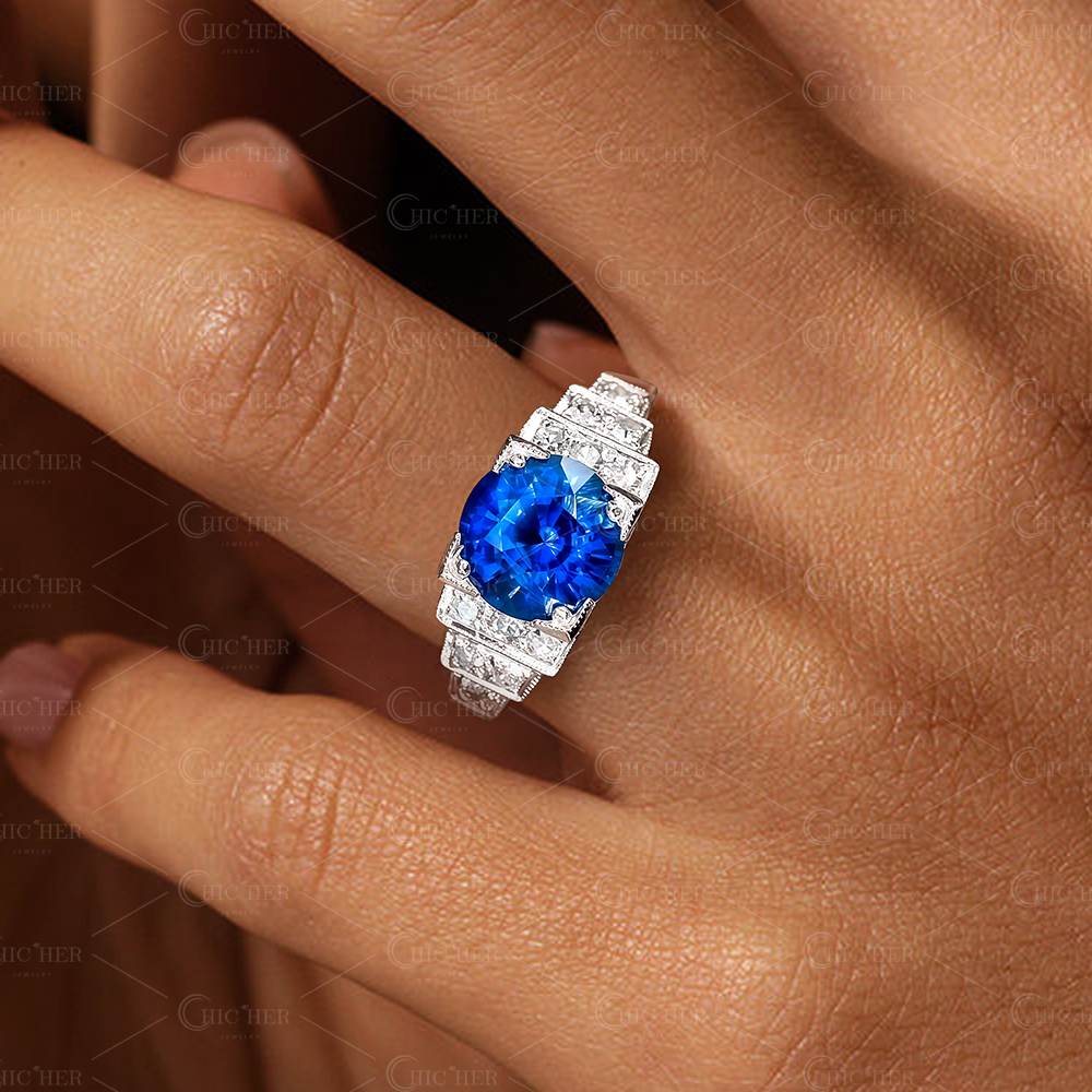 3ct Art Deco Round Cut Blue Sapphire Ring