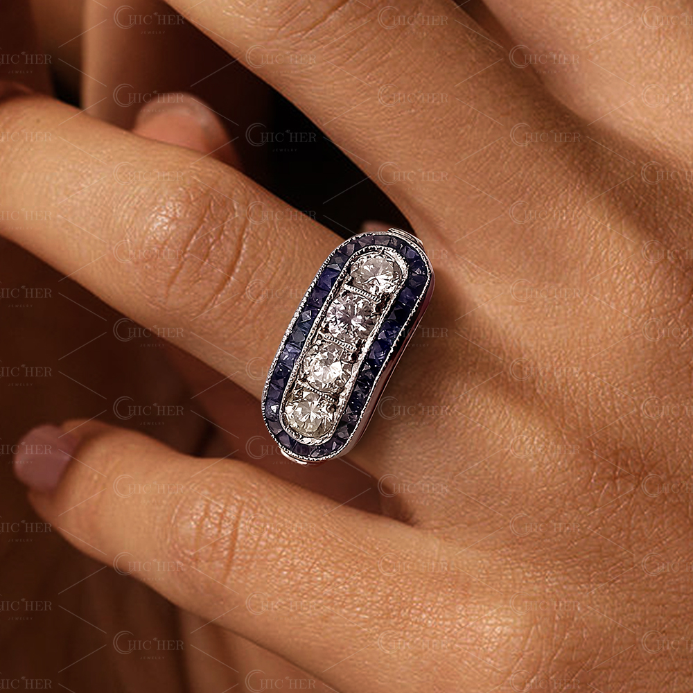 4.35ct Art Deco Round Cut Blue Sapphire Ring