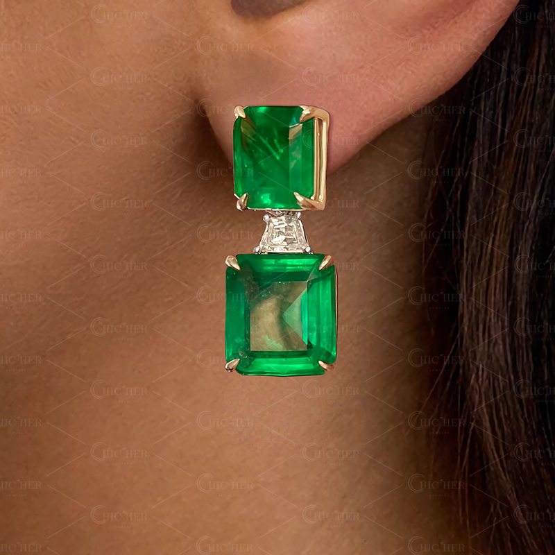 Princess Cut Emerald Sapphire Drop Earrings