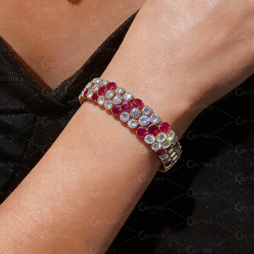 Unique Triple Row Round Cut Ruby Sapphire Bracelet