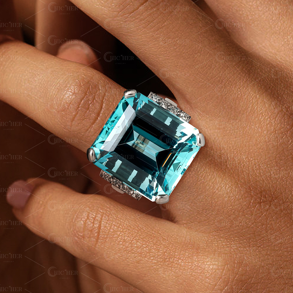 8ct Vintage Emerald Cut Aquamarine Sapphire Cocktail Ring