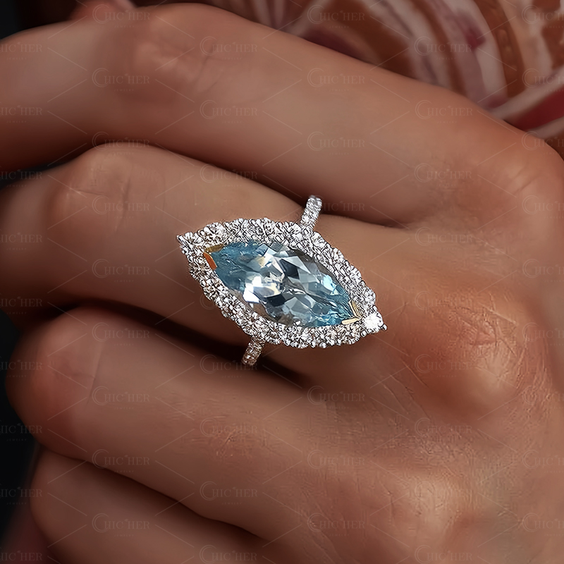 4ct Halo Marquise Cut Aquamarine Sapphire Ring