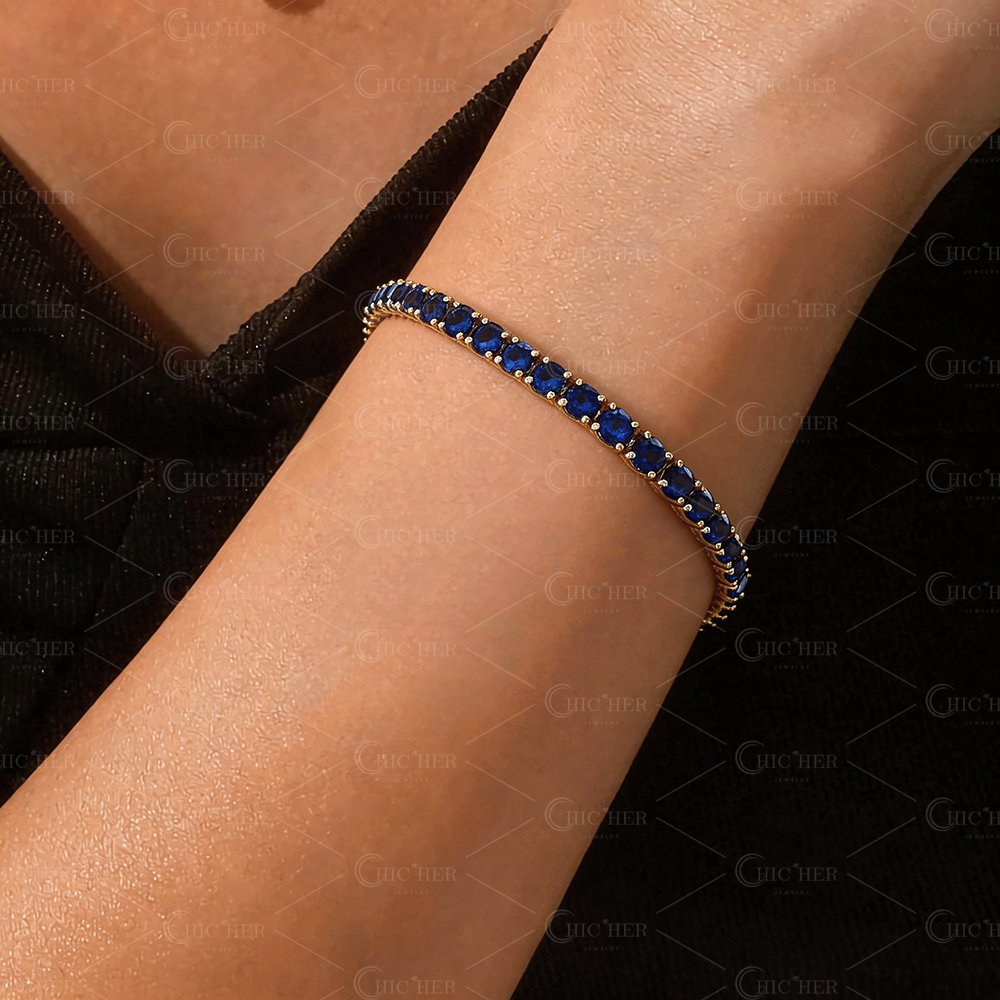 Round Cut Blue Sapphire Tennis Chain Bracelet