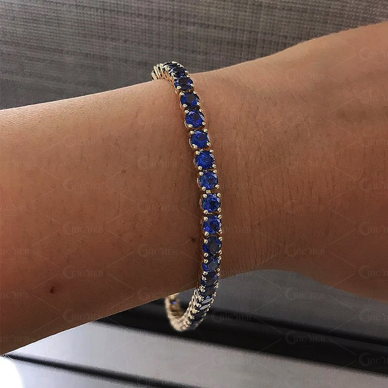 Round Cut Blue Sapphire Tennis Chain Bracelet