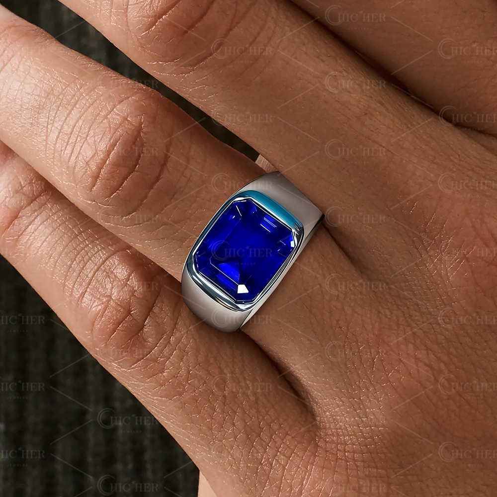5ct Bezel Setting Emerald Cut Blue Sapphire Men's Ring