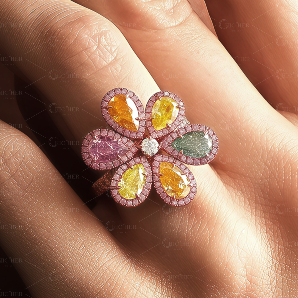 6.75ct Flower Design Pear Cut Rainbow Sapphire Cocktail Ring