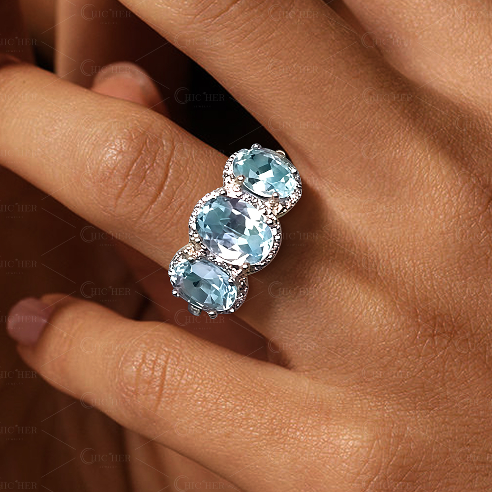 7.95ct Three-stone Halo Oval Cut Aquamarine Sapphire Eternity Ring