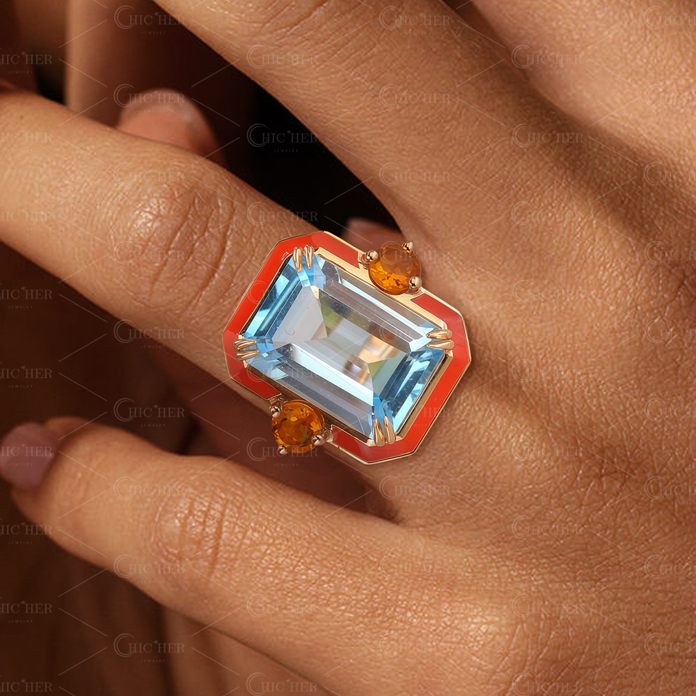 5ct Enamel Halo Emerald Cut Aquamarine Sapphire Ring