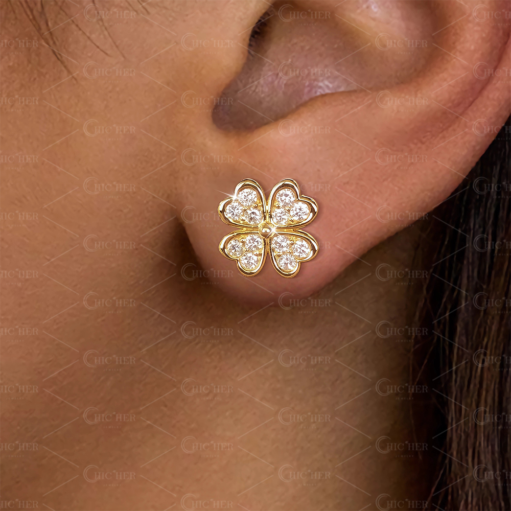 Round Cut White Leaf Clover Sapphire Stud Earrings