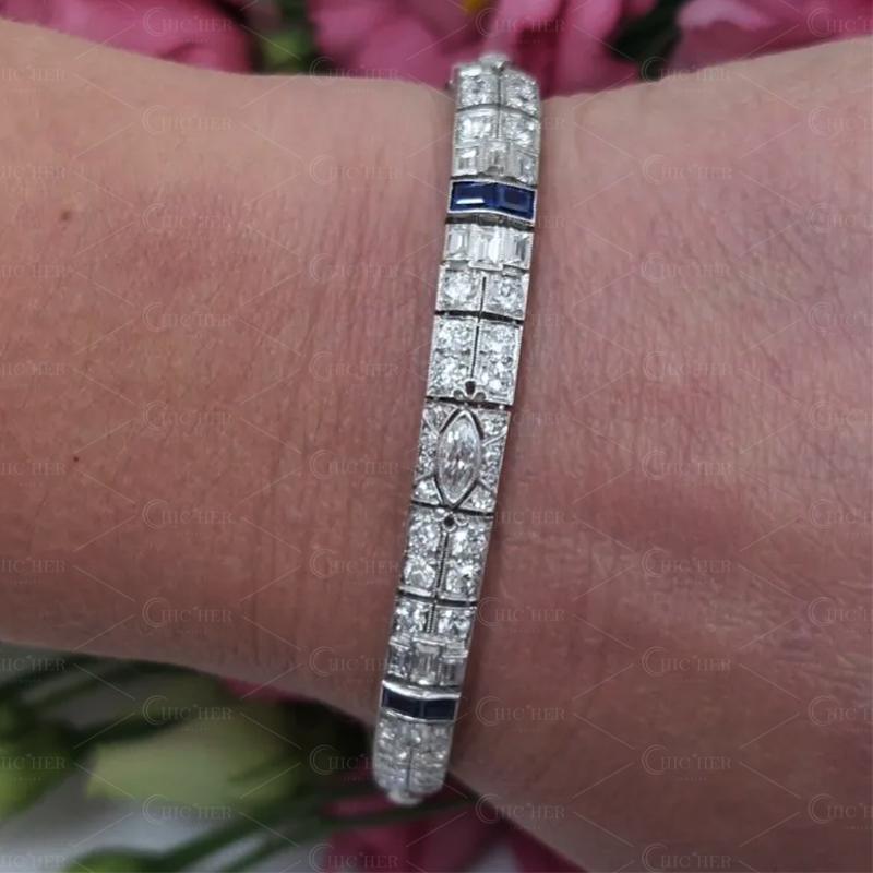 Art Deco Design Multi-Cut Lab-created Sapphire Bracelet