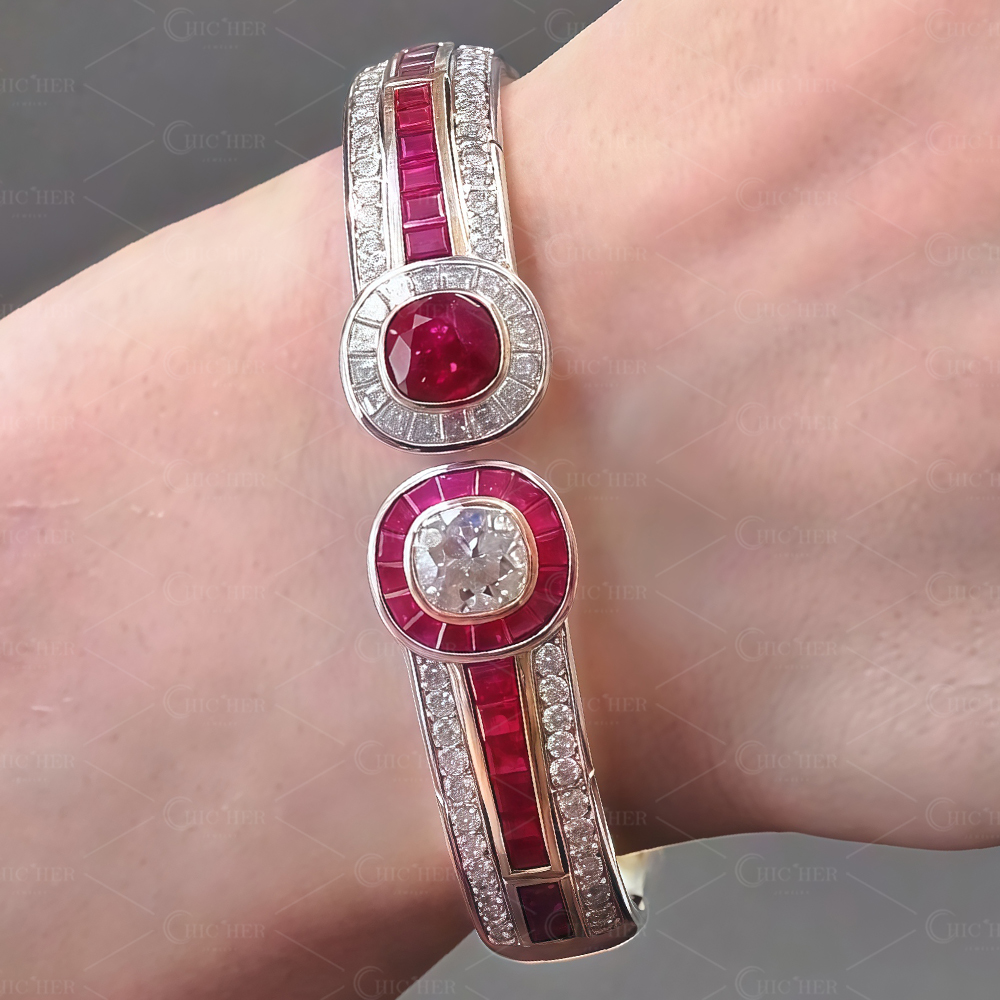 Two-Tone Cushion Cut White&Ruby Sapphire Bracelet