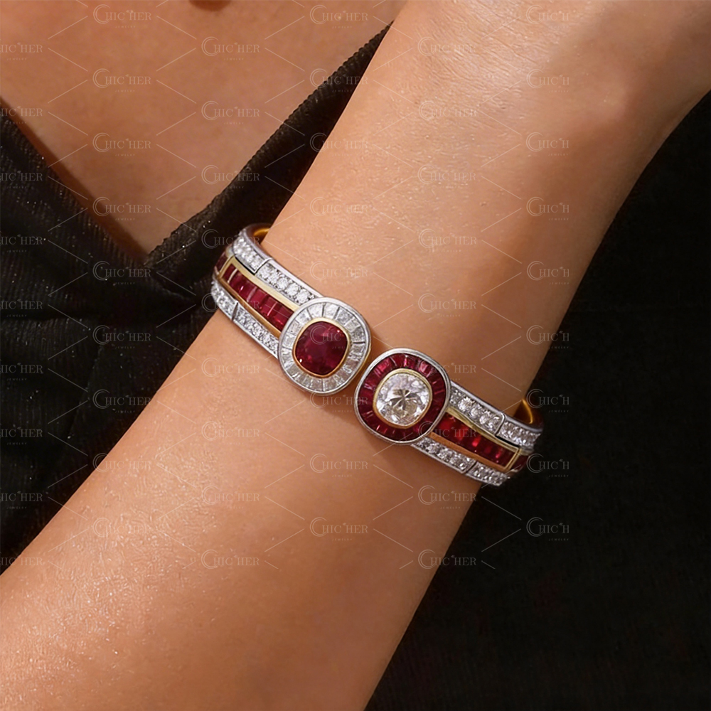 Two-Tone Cushion Cut White&Ruby Sapphire Bracelet