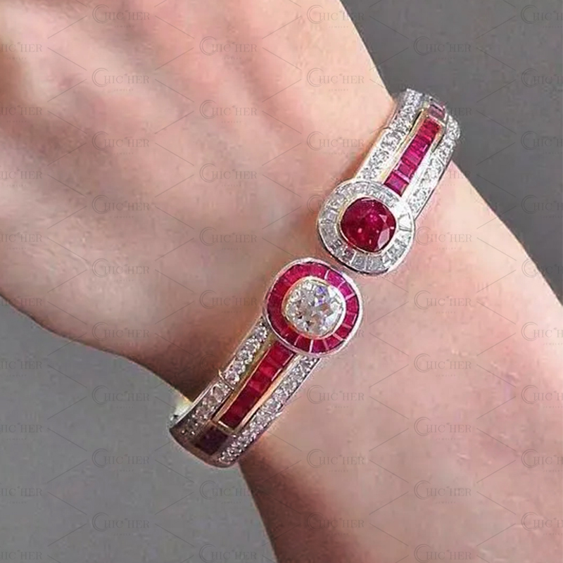 Two-Tone Cushion Cut White&Ruby Sapphire Bracelet