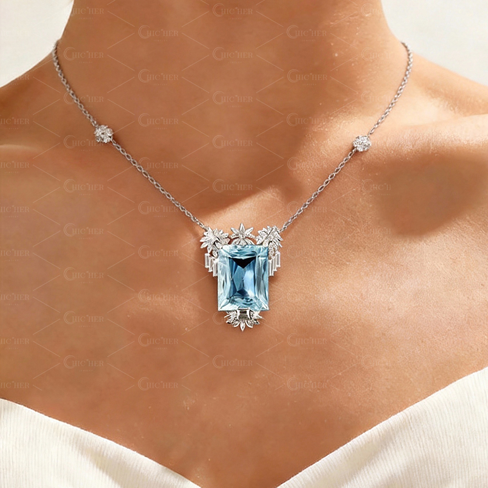 Luxry Design Aquamarine Sapphire Pendant Necklace