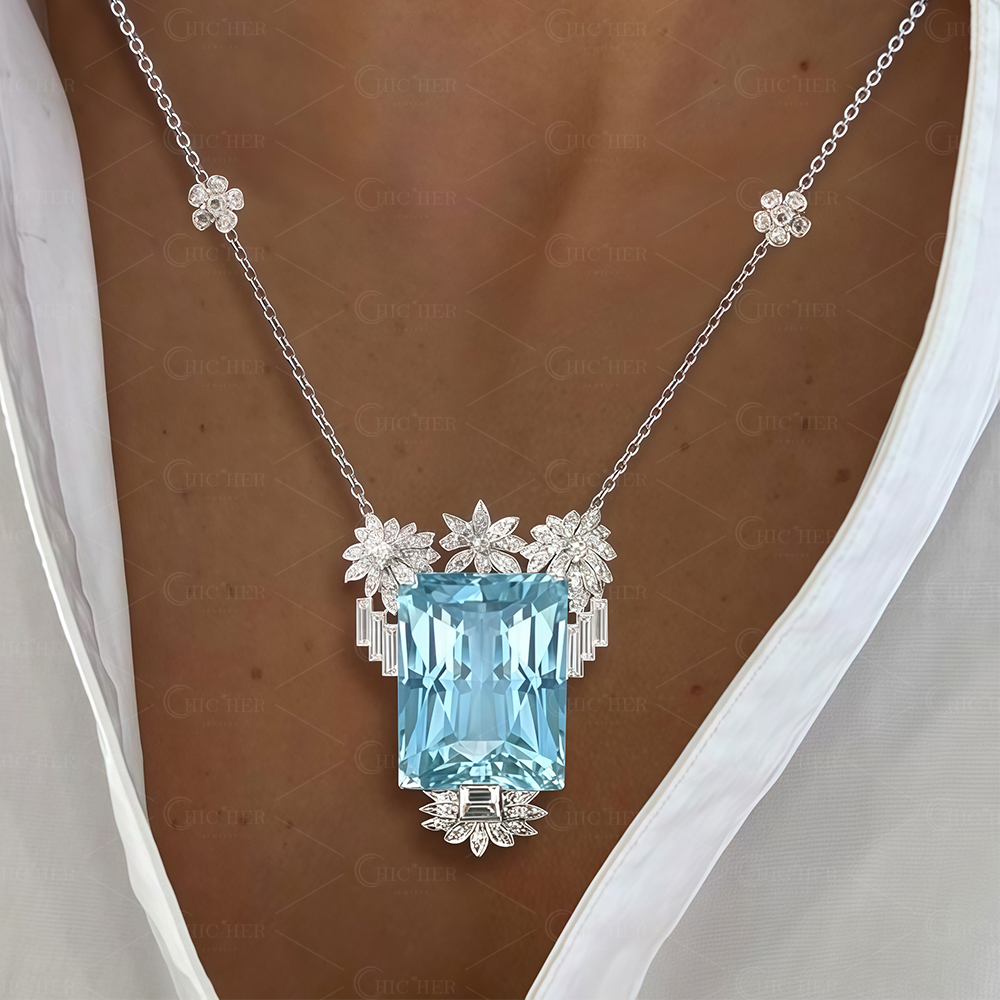 Luxry Design Aquamarine Sapphire Pendant Necklace