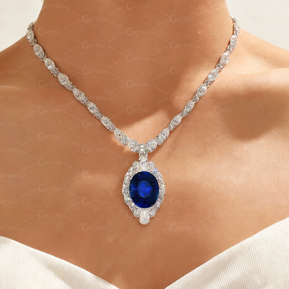 Oval Cut Blue Sapphire Pendant Necklace