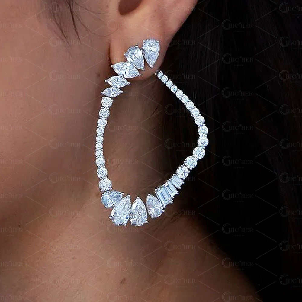 Irregular Cut White Sapphire Hoop Earrings
