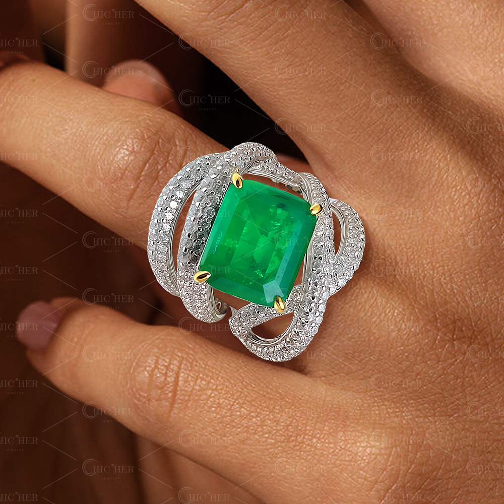 8ct Emerald Cut Vibrant Emerald Sapphire Engagement Ring