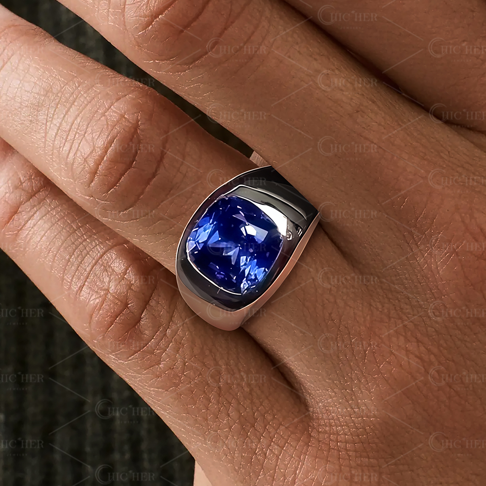 5ct Cushion Cut Blue Sapphire Men's Engagement Ring