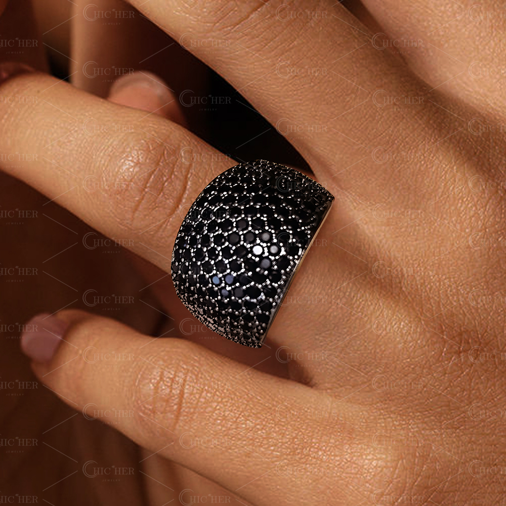 8.98ct Micro-Pave Setting Round Cut Black Sapphire Cocktail Ring