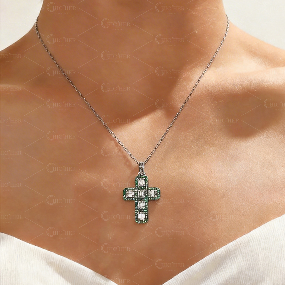 Emerald Cut Emerald Sapphire Pendant Cross necklace