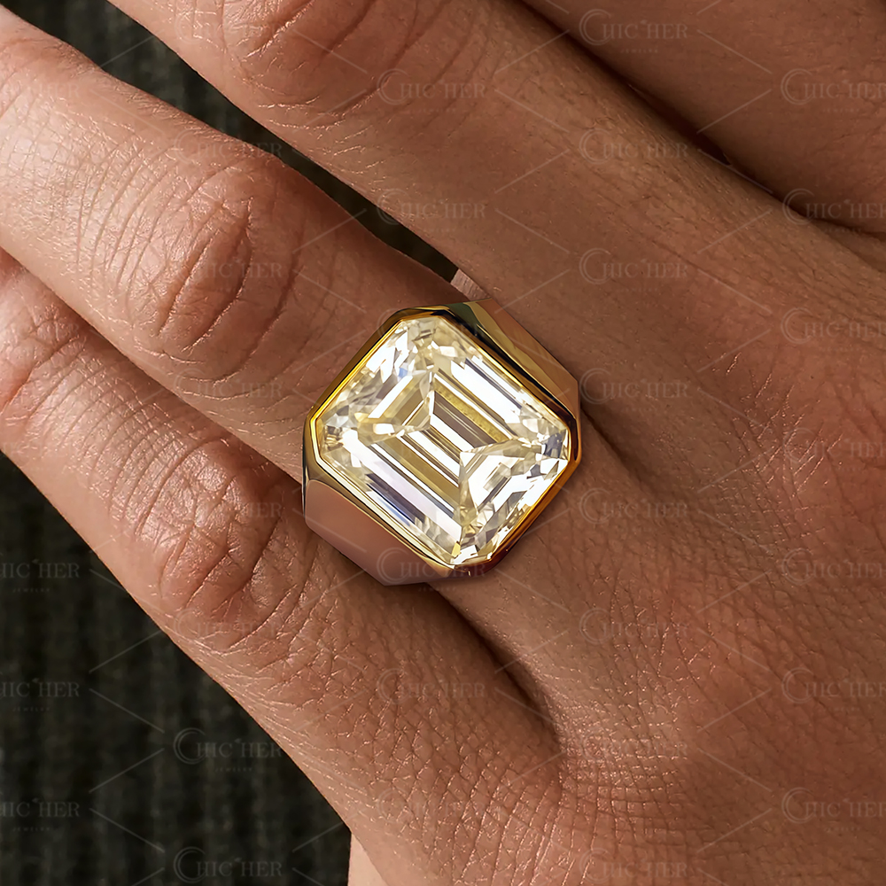 6ct Bezel Setting Emerald Cut White Sapphire Men's Engagement Ring