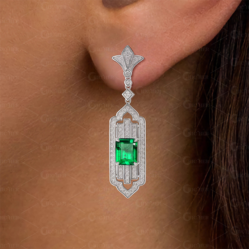 Art Deco Emerald Cut Emerald Sapphire Drop Earrings