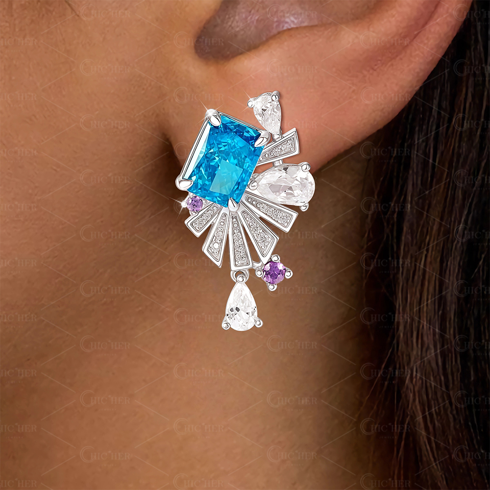 Radiant Cut Aquamarine Sapphire Drop Earrings