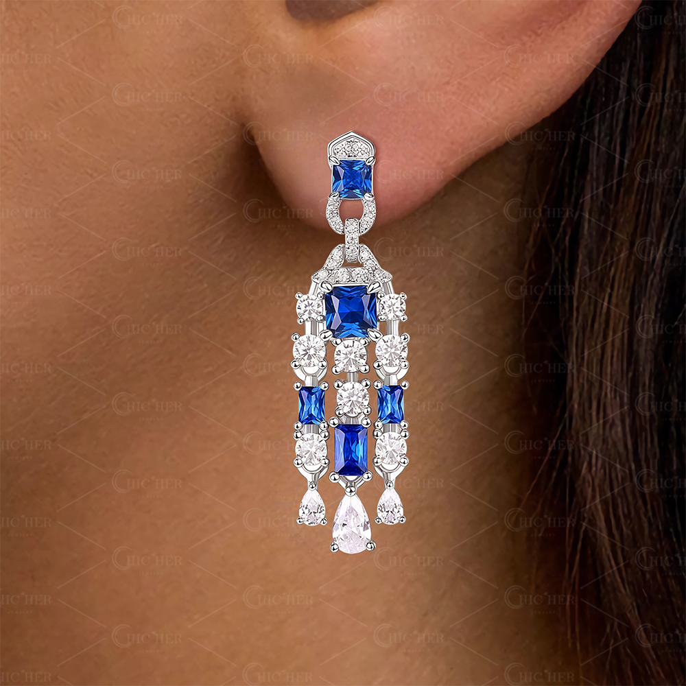 Luxury Radiant Cut Blue Sapphire Drop Earrings